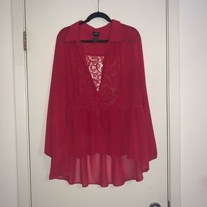 Torrid Red Button Down Tunic w Lace Back, Size 2